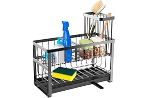 Primasage 2 Capas Soporte Estropajo Fregadero, 9.1in Estropajo Organizador De Acero Al Carbono Desmontable Porte-Éponge con Soporte de Almacenamiento fe Cepillo De Limpieza de Drenaje