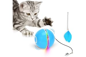 WWVVPET Bola de Juguete de Gato interactiva con luz LED y Hierba gatera, Campana de Anillo y Juguete de Plumas de Mascotas, Juguete de Bola de Gato Inteligente giratoria, USB Recargable