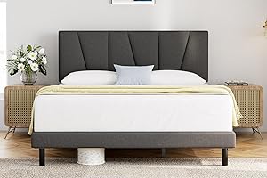 ‎MOLBLLY Molblly Polsterbett 160 x 200 cm Bettgestell Einzelbett Doppelbett Designbett mit Lattenrost Holzlattenunterstützung Kopfteil in Grau, Bettrahmen 160x200