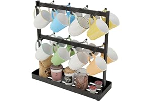 YUMORE Soportes para Tazas de Café, Porta Tazas de Metal con 16 Ganchos y Base de almacenamiento Soporte de Árbol Taza Estante de Exhibición de Taza de Café para Cafetería Cocina Oficina, Negro
