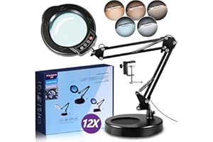 ZABOUL 12 x Magnifying Glass with Light, Magnifying Light with Light and Stand, 5 Colour Modes, Continuously Dimmable, Upgrade 84 LED Magnifying Lamp, Stand Magnifier with Lighting for Close-up Work, Hobby