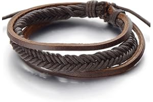 COOLSTEELANDBEYOND Hecha a Mano, Pulsera Cuero Trenzado de Hombre Mujer, Multihilo, Cuero Genuino Marrón, Pulsera del Abrigo