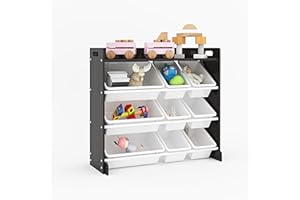 Duffy® Large Wooden Toy Shelf Storage Organiser for Children with 9 BPA Free Plastic Removeable Storage Bins, Ideal for Storing Toys, Games, Books and Craft Supplies (Black Wood/White)