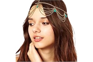 Yheakne Boho Fascia per capelli turchese Catena per capelli con nappa a strati dorati Catena per capelli zingara Copricapo da sposa per festival Copricapo decorativo Accessori per capelli per