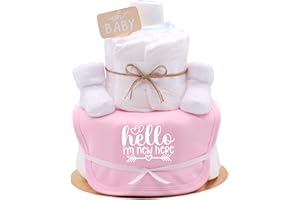 ‎TREND MAMA Trend Mama - Sprüche Windeltorte Mädchen| Hello I'm new here | handbedrucktes Lätzchen Spruch und Babysocken | Geschenk Geburt