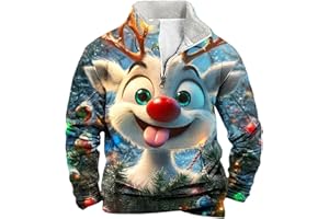 luoluoluo Christmas Jumpers for Men Funny Reindeer Sweatshirt 3D Printed Sweater Fleece Lined Pullover 1/4 Zip Xmas Jumper Long Sleeve Sweaters Casual Loose Sweatshirts Ugly Tops Outwear for Party