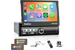 OILIEHU Autoradio Bluetooth 1 Din avec Apple Carplay Android Auto, 7 '' Écran Tactile Rétractable Automatique Lecteur MP5 Radio avec Bluetooth FM Lien Miroir AUX-in SWC EQ USB TF Carte + Caméra de recul