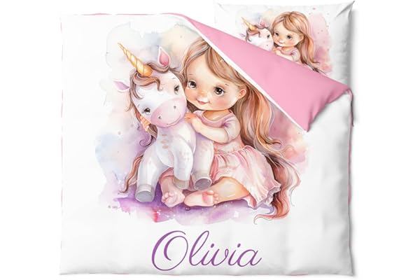 Pictogogo Ensemble de Parure de Lit Personnalisable avec Nom pour Bébé et Enfant - Animaux, Housse de Couette Zippée et Taie d'oreiller Incluses - Cadeau Unique (Licorne avec Fille 2, 80 x 120)