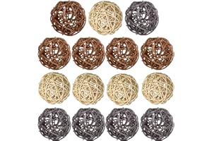 VIDILLO Wicker Rattan Balls 15 Pcs Decorative Multiple Color Orbs Natural Spheres Vase Fillers for DIY Craft, Party, Wedding Table Decoration, Baby Shower, Aromatherapy Accessories- Natural Brown Gray