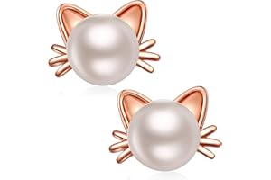 jiamiaoi Pendientes gato perlas plata Pendientes mujer plata de perla Pendientes de perlas plata Pendiente gato niña Pendientes forma gato de perlas 7.5-8mm