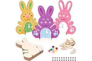 Moocuca Ostern Basteln Kinder, Hasen Aus Holz Zum Bemalen, Osterhasen Basteln, 10 Stück DIY Osterhase Deko,Pompoms Zum Basteln Kinder,Kulleraugen Selbstklebend，Bastelset Kinder Holz