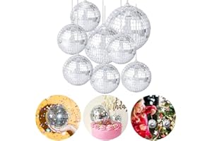 AIGOHOM 8 Pcs Boule à Facettes Disco Miroir Boule Disco,Boule de Paillettes d'argent, Miroir à Suspendre,Argent Décoration à Suspendre pour Fête,Carnaval-3 Taille (15CMX1+10CMX1+6CMX6)