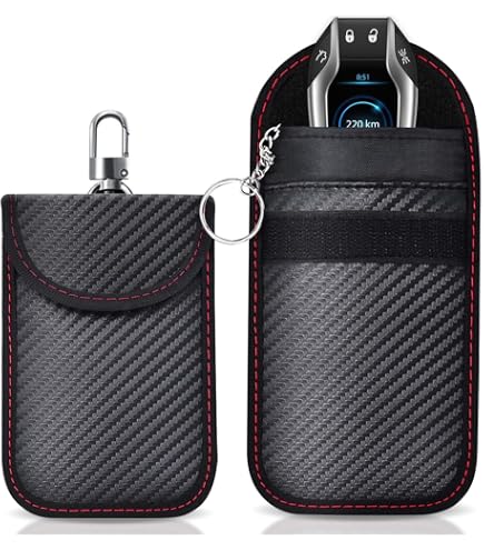 Lot 2 Étuis Faraday Cuir Fibre De Carbone – Bloqueur RFID Keyless Go Pour Clés De Voiture, Protection Antivol