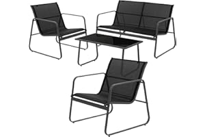 ML DESIGN MODERN LIVING ML-Design Gartenmöbel Set 4-tlg, Schwarz, Balkonmöbel aus Stahl & Textilene für 4 Personen, Garten Sitzgruppe mit Glastisch, Sofa und 2 Sesseln, wetterfest, Gartengarnitur Outdoor für Balkon, Terrasse