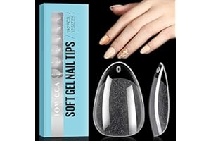 TOMICCA Bardzo krótkie tipsy żelowe migdałki, full cover, wstępnie ukształtowane półmatowe tipsy do paznokci akrylowych, 192 sztuki, 12 rozmiarów