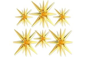 PartyWoo Gold Star Balloons - 6pcs One-Piece 14-Pointed Explosion Stars with Ribbon, Mylar Balloons for Gold Party Decorations, Birthday (27 & 22 inch)