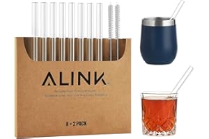 ALINK Glas Strohhalme Transparent Trinkhalm gerade 8 Stück 10mm x 15.2cm, Wiederverwendbare Glas Trinkhalme + 2 Reinigungsbürste,gesund, umweltschonend, frei von BPA