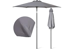 SUNMER 2M Garden Parasol, Sun Shading Umbrella, Easy Open/Close Push Up with Tilt, Water Repellent Polyester, Powder-Coated Steel Frame, UV 30+, Pole Width 32mm - Grey