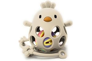 MÜVI - Mordedor bebé sensorial con sonajero y cadena, Mordedor de dentición +3 meses, Silicona alimentaria, suave y sin BPA, Fácil de agarrar y morder, Alivio para encías - Teether (Beige)