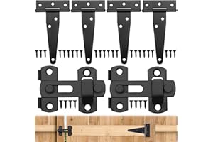 SITARCMIN Türscharniere und Türriegel Schwarz für Holztüren, 4 Stück 4 Zoll T Scharnier Verzinkt und 2 Türriegel Außen 180° Klappbar mit 32 Schraube, T Scharniere klappbar schwerlast für Gartentor Grosse Tore