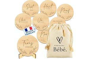 O³ Carte Étape Bébé Bois - 30 Moments et Première Fois à Immortaliser – Lot de 15 Cartes Mois par Mois Bébé + Sac en Coton + Support inclus - Cadeau Future Maman - Idéal Cadeau de Naissance