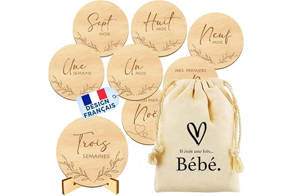 O³ Carte Étape Bébé Bois - 30 Moments et Première Fois à Immortaliser – Lot de 15 Cartes Mois par Mois Bébé + Sac en Coton + Support inclus - Cadeau Future Maman - Idéal Cadeau de Naissance