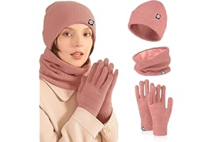 Nenkarn Hat Scarf and Gloves Set Ladies, 3 in 1 Hat and Scarf Set for Women, Thick Fleece Touchscreen Glove Knitted Cap Cold Weather Accessories Sets