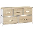 WOLTU Chest of Drawers, 5 Fabric Drawers Storage Unit, Wooden Sideboard Storage Cabinet Industrial Bedroom Drawers with Handles, Metal Frame, Light Oak Effect+White, 100x30x54cm, SSK005whe-UK