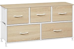 WOLTU Comoda para Dormitorio, Cajonera Almacenaje, Cómodas 5 Cajones de Metal y Madera, Cajoneras Dormitorio y Habitacion, Mueble Almacenaje, Armario Organizador Roble Claro+Blanco, SSK005whe