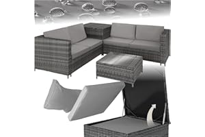 TecTake® Rattan Garden Furniture Set, 2 Sofas with Extra Thick Cushions, Table with Glass Top and Garden Storage Box, Garden furniture for Patio, Garden, Balcony, outdoor furniture - grey/light grey