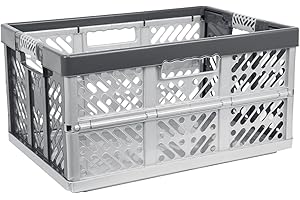 OKT TKO Collapsible Plastic Container - 45 Liters, Silver, Extra-Strong, Folding Box with Rubber Handles, Stackable, 50 kg Capacity