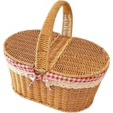 B&uuml;y&uuml;k Boy Plastik Rattan &Ouml;rme Piknik Sepeti Oval Ekoseli Tek Kulp