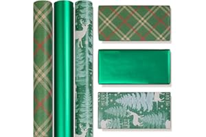 Niviy Rouleau Papier Cadeau Noel 43cm x 3m Papiers D'emballage Kraft 3 Rouleaux Papier Cadeau Vert Imprimé avec des Eléments de Noël pour Décoration de Noël et du Nouvel An