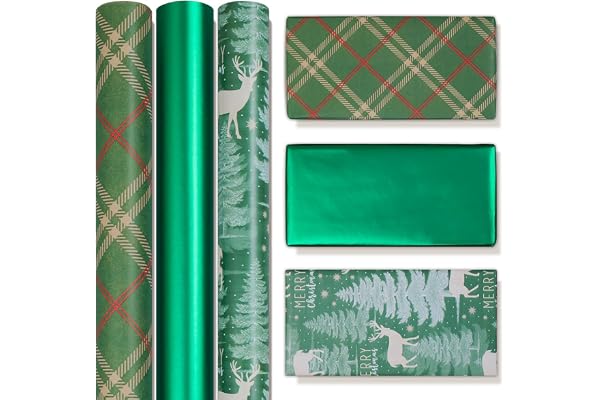 Niviy Rouleau Papier Cadeau Noel 43cm x 3m Papiers D'emballage Kraft 3 Rouleaux Papier Cadeau Vert Imprimé avec des Eléments de Noël pour Décoration de Noël et du Nouvel An