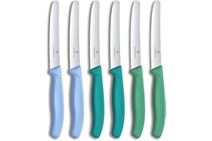 Victorinox Swiss Classic, Frühstücksmesser, Brötchenmesser Set, 6teilig, Scharfe Klinge, Wellenschliff, 11cm, Rostfreier Stahl, Blau und Grün