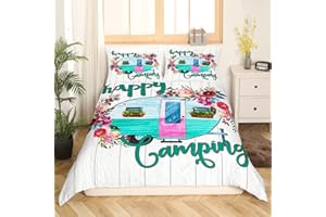HOMEWISH Camping Decor Bettbezug 135 x 200 cm, Camper-Bettwäsche-Set, Holzbrett, Kabine, Bettbezug für Jungen und Mädchen, altes Scheunentor, Blumenskizze, Zeichnung, Bettbezug, Vintage-Camper-Dekor