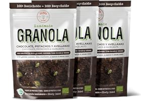 SATTIE Granola Ecológica y Artesana con Chocolate Negro, Pistachos y Avellanas, Sirope de Ágave y Aceite de Oliva Virgen Extra, Semillas, Avena Integral de Copo Entero (Pack: 3 x 300g) Total 900g