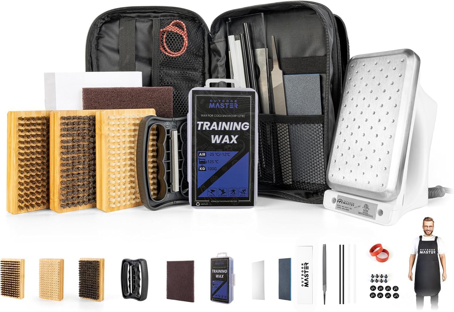 OutdoorMaster Kit de afinación y encerado para esquí y snowboard con plancha de cera, cera universal, afinador de bordes, cepillo, raspador de cera, Ptex, tornillo de fijación, banda de goma (negro,