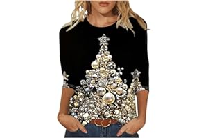 GENERIC Christmas Jumpers for Women UK Funny Cute Glitter Xmas Tree Graphic Printed Sweatshirts Crew Neck 3/4 Sleeve T Shirt Casual Print Patterns Holiday Jumper 2025 Fall Winter Festival Outfit Womens
