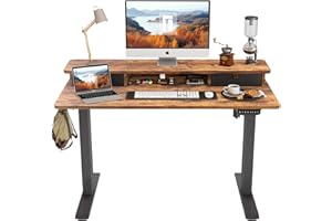 ‎FEZIBO FEZIBO Höhenverstellbarer Elektrischer Stehtisch mit Doppelschublade, 120 x 60 cm Stehtisch mit Ablage, Sitz-Steh-Schreibtisch mit Verbindungsplatte, Schwarzer Rahmen/Rustikal Braun Oberfläche