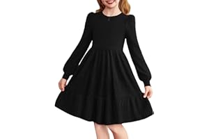 Arshiner Girls Long Sleeve Dress with Puff Sleeves Princess Elegant Party Dress Knit Jumper Casual Winter Dresses Crew Neck A-Line Solid Ribbed Knitted Dresses for Ages 6–14
