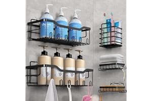 LAIMEW Duschablage Ohne Bohren, 5 Stück Badezimmer Organizer, Duschregal Ohne Bohren, Bad Organizer Badezimmer Regal Schwarz aus SUS304 Edelstahl, Badregal Duschkorb Shampoo Halterung für Dusche