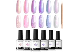 Modelones UV Nagellack 6 Farben Gel Nagellack UV Rosa Hellrosa Hellviolett Lila Blau Weiß Perle Effect Gel Nagellack mit Stick den Kreis zeichnen für Sommer