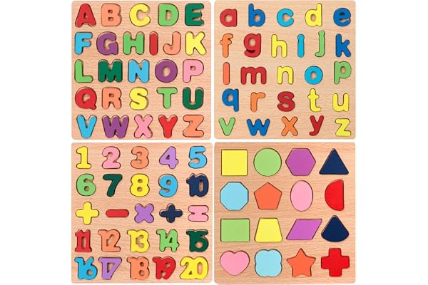Styllent 4-in-1 Wooden Puzzle Board for Kids - ABCD Alphabet, Number, Shapes & Symbols - Montessori Learning Toys for 2-5 Year Old Boys Girls - Educational Activity Set