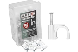 SCREWBOX® Cable Nail Clips, 4 mm 100 Pcs Nail-In Clips, Strong Durable White Round Cable Tacks, Wall Wire Tidy Holder Pins, for wood | concrete | plasterboard