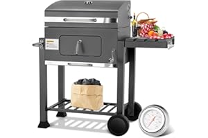 TLSUNNY Barbecue Charbon de Bois XL, Chariot à Barbecue, Grill XL à Charbon avec Couvercle, 2PCS Roues, Thermomètre, Réglable en Hauteur, Grand Barbecue au Charbon de Bois, pour Camping et Jardin, Gris