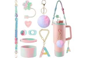 Lvjkes 9 Piezas Stanley cup accesorios set, 20-40 oz Accesorios stanley cup, Incluye Asa, Tapón para pajita, Cubierta de silicona para la base, Gancho, Colgadores decorativos, Tapones a prueba (A)