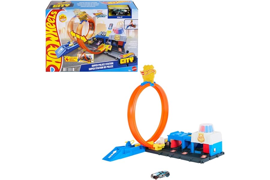Hot Wheels Toy Car Track Set, Super Police Station Playset with 1:64 Scale Die-Cast Vehicle, Adjustable Loop for Multiple Ways to Race & Stunt, JBM71