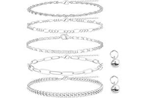 SMTELEGANCE 5 Stück Fussketten für Frauen, Fußkette Damen, FußkettchenWasserdicht, Einfaches Vintage Damen Fußkettchen, Fußkettchen Silber mit 2 Glocken Geliefert, Geeignet für Stranddamen und -Mädchen