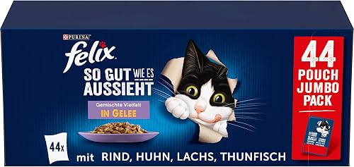 FELIX As good as it looks, cat food wet in jelly, varieties mix, large pack of 44 (44 x 85 g)